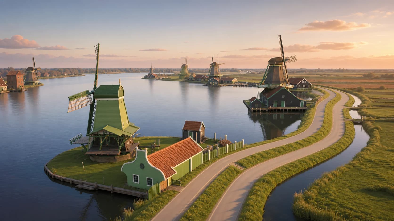 Dutch polder at sunset: green windmills, terracotta roofs, wide water and a road curving through the fields.
